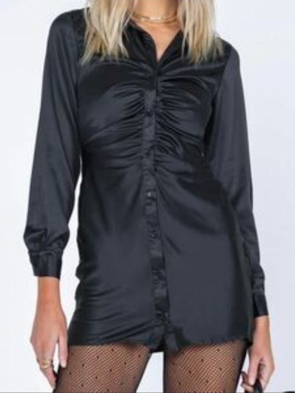 Princess Pokly Black Satin Ruched Button-Down Dress Size 6